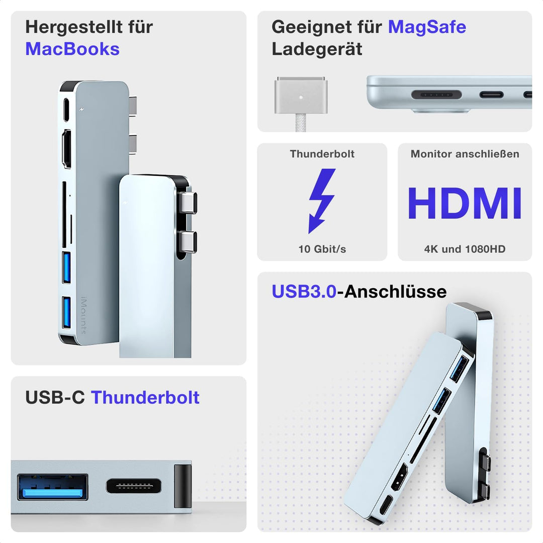 MacBook USB C hub - Himmelblau HDMI, SD-kartenleser, USB3.0, Adapter mit Thunderbolt, für MacBook Ai