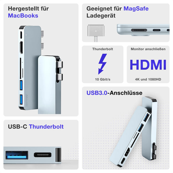 MacBook USB C hub - Himmelblau HDMI, SD-kartenleser, USB3.0, Adapter mit Thunderbolt, für MacBook Ai
