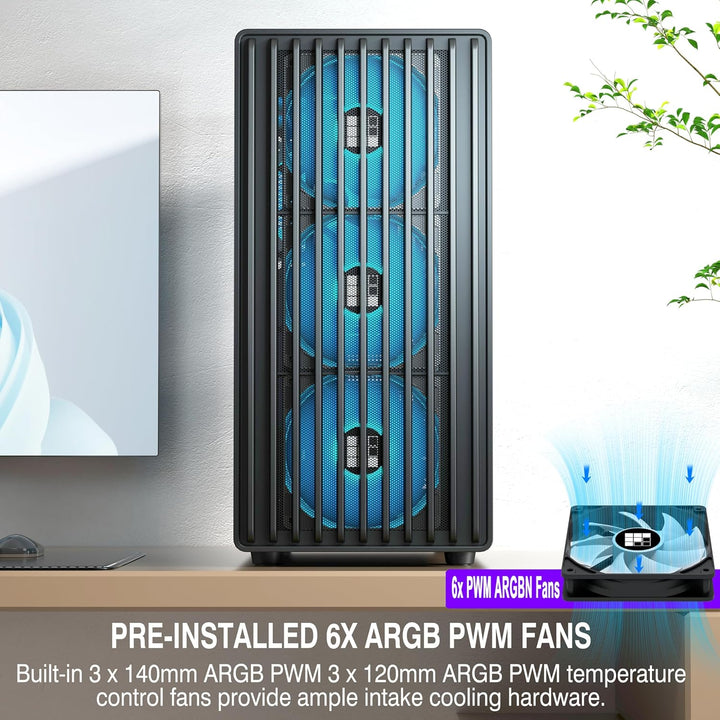 FOIFKIN K6 PC Gehäuse - Vorinstallierter 6 PWM ARGB-Lüfter（3X 140mm und 3X 120mm）, ATX Mid-Tower Gam