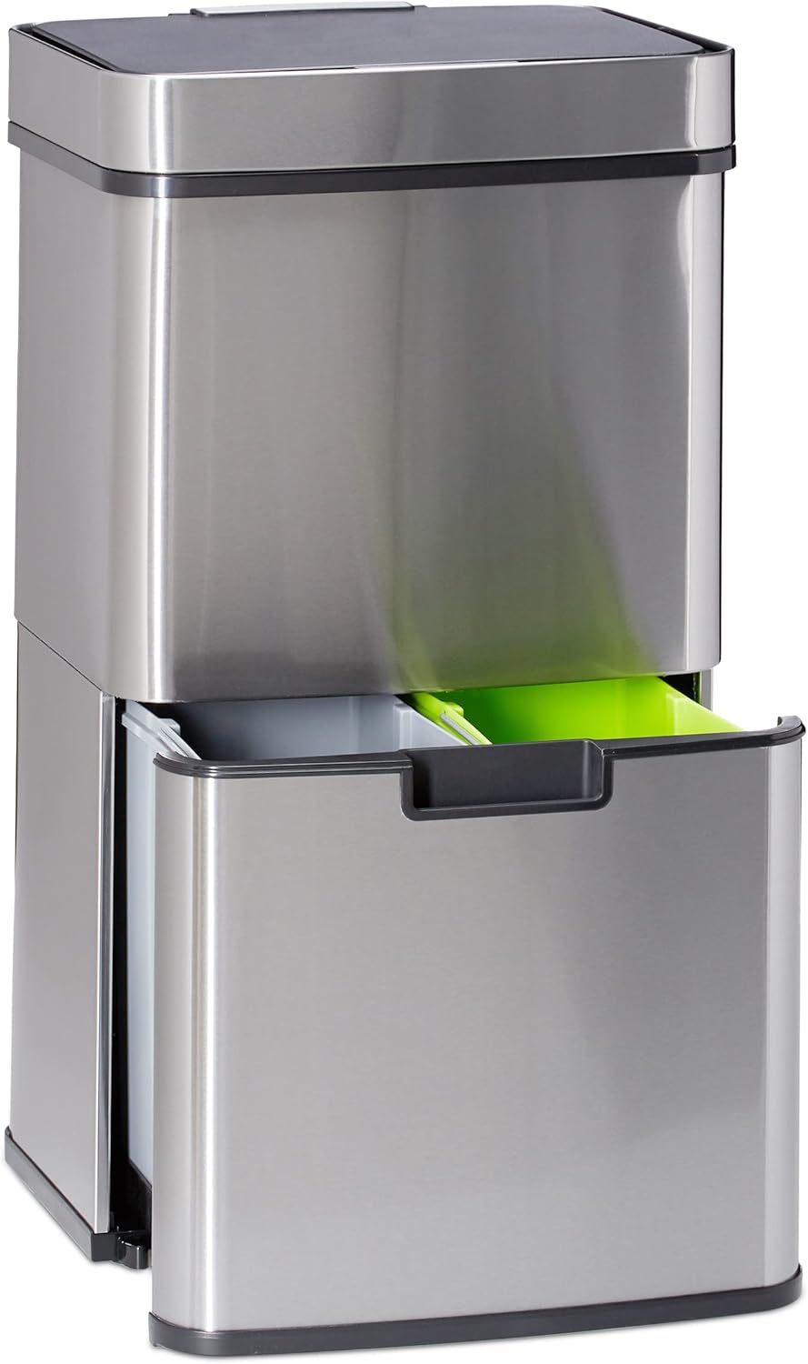 Relaxdays Mülltrennsystem 3 fach, mit Bewegungssensor, 60 L, ausziehbar, Edelstahl, HBT: 74,5 x 42 x