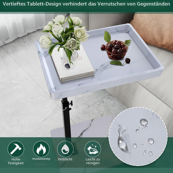 Beistelltisch mit Rollen, Beistelltisch Höhenverstellbar haben 360° Rotierend, C-Form Sofa Tisch für