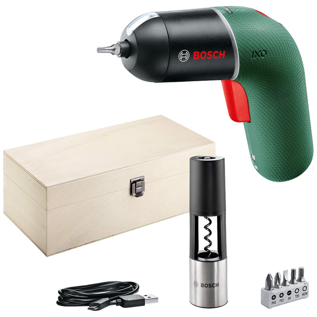 Bosch Akkuschrauber IXO Vino Set (6. Generation, grün, mit IXO Korkenzieheraufsatz, über Micro-USB-K