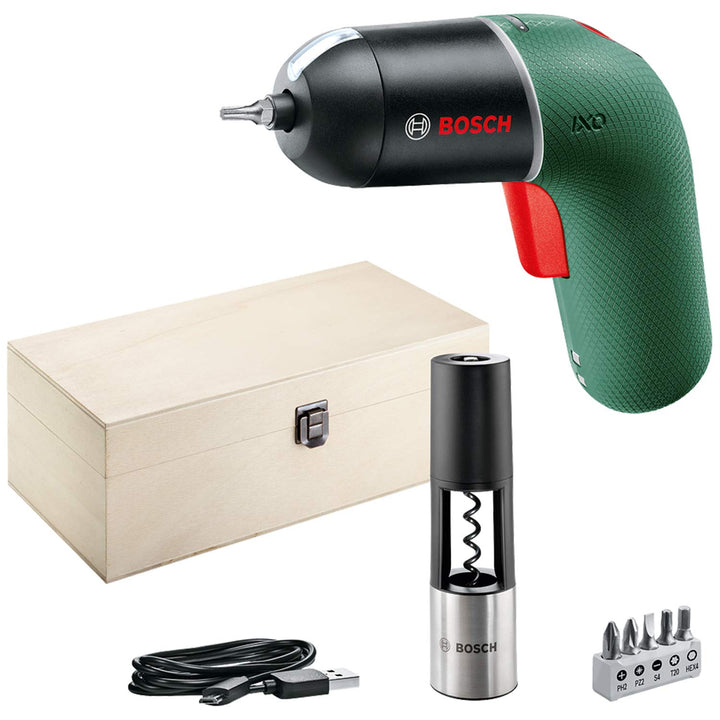 Bosch Akkuschrauber IXO Vino Set (6. Generation, grün, mit IXO Korkenzieheraufsatz, über Micro-USB-K