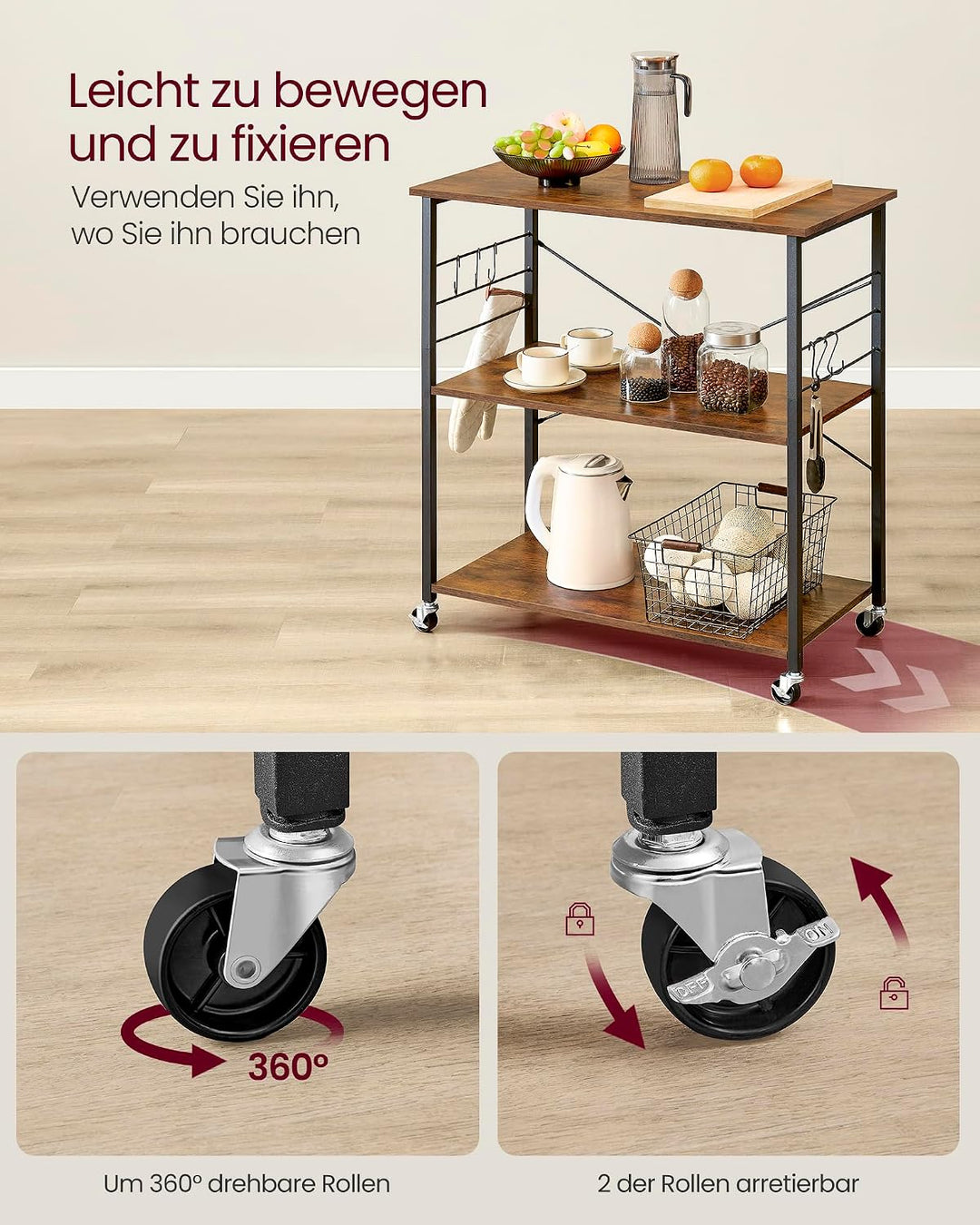 VASAGLE Küchenregal auf Rollen, Servierwagen mit 3 Ebenen, Küchenwagen, Mikrowellen-Regal, für Mini-
