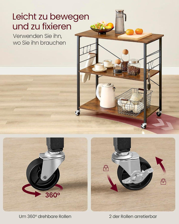 VASAGLE Küchenregal auf Rollen, Servierwagen mit 3 Ebenen, Küchenwagen, Mikrowellen-Regal, für Mini-