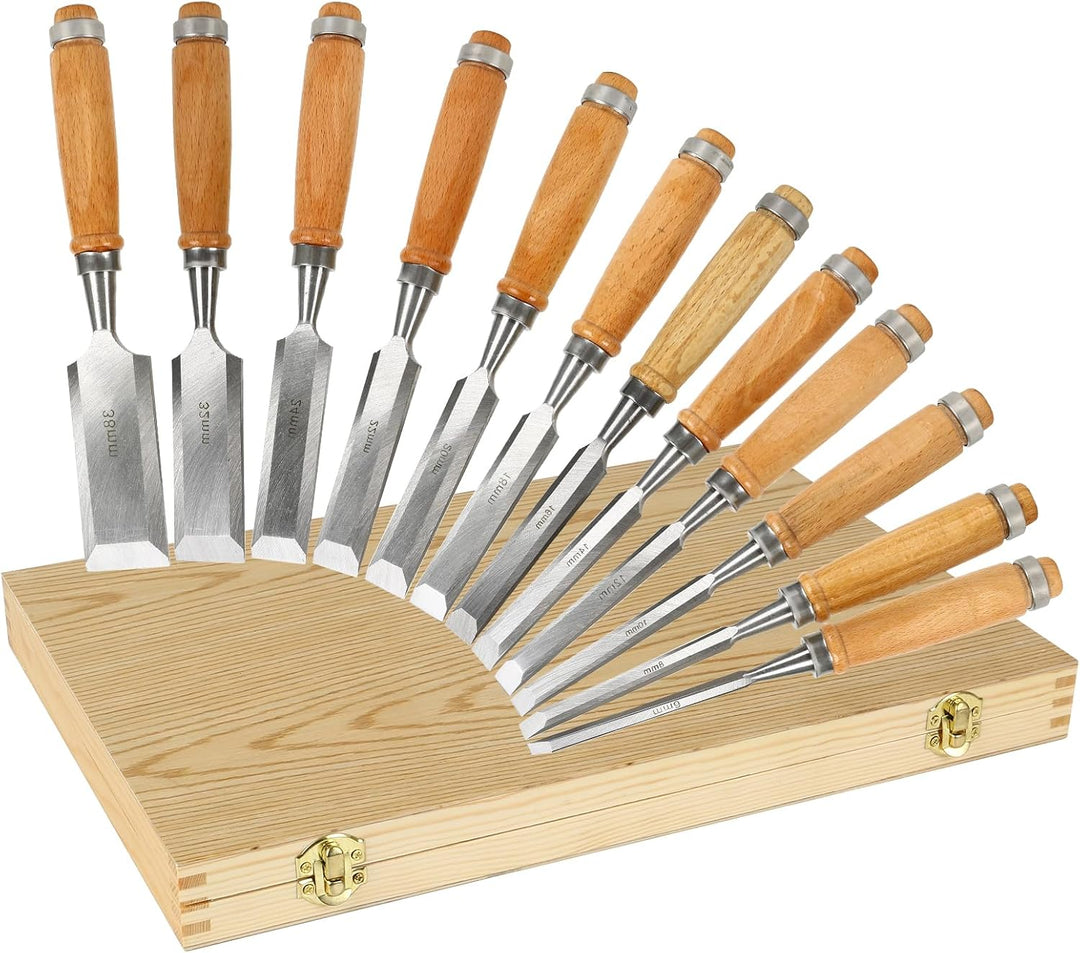 Stechbeitel Set für Holz, 12-Teilig Holzmeissel Set, Holz Stemmeisen Set mit Holzkiste, Stecheisen S