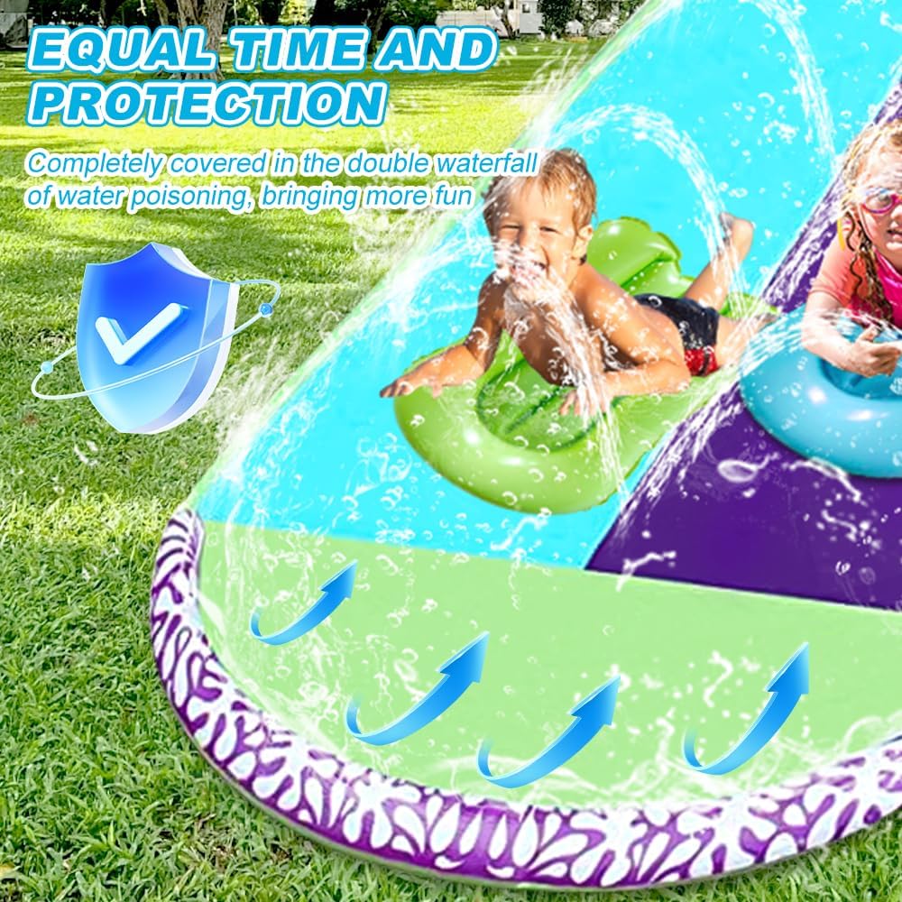 Wasserrutsche Garten für Kinder, 6.1*1.4M Aufblasbare Wasserrutsche mit 2 Bodyboards, Doppelte Wasse