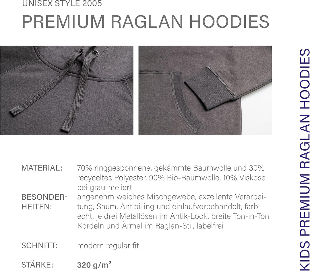 HRM Unisex Kid‘s Premium Raglan Hoody, dunkelgrau I Fair Trade Hoodie Kinder mit Kapuze, 320 g/m² I