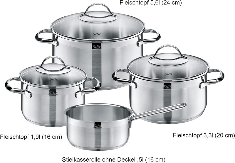 Silit Achat Topfset Induktion 4-teilig, Kochtopf Set mit Glasdeckel, Edelstahl teilmattiert, Indukti