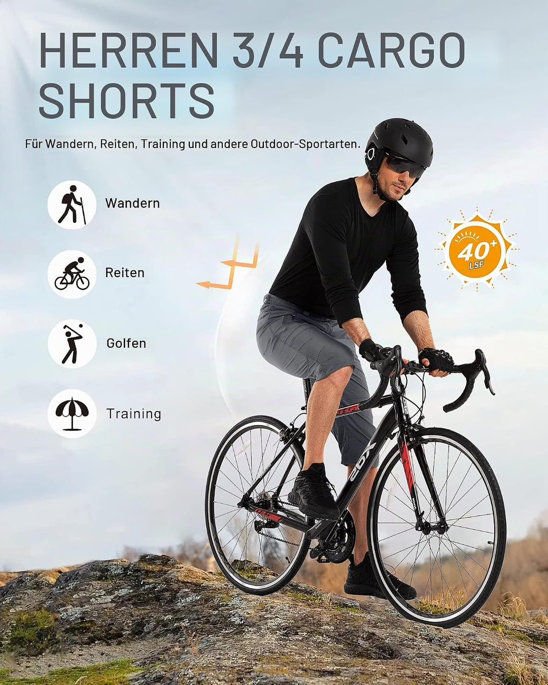 33,000ft Herren 3/4 Hose Cargo Shorts Kurze Wanderhose Stretch Leichte Radhose Sommer Capri Dreivier