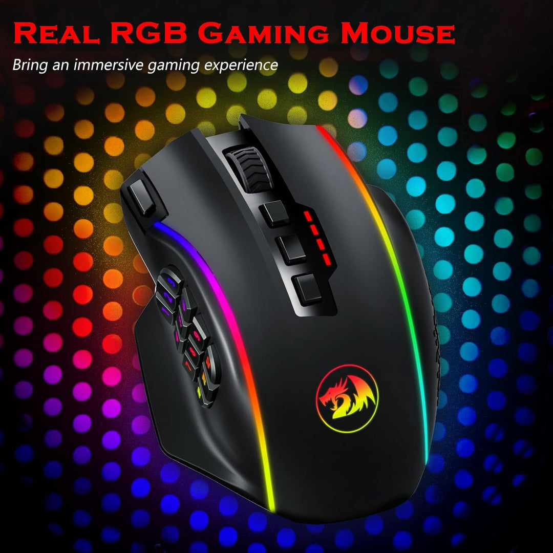 Redragon Wireless Gaming Maus RGB, 16000 DPI, Optische 2.4G/USB-C MMO Maus mit 16 Programmierbaren T