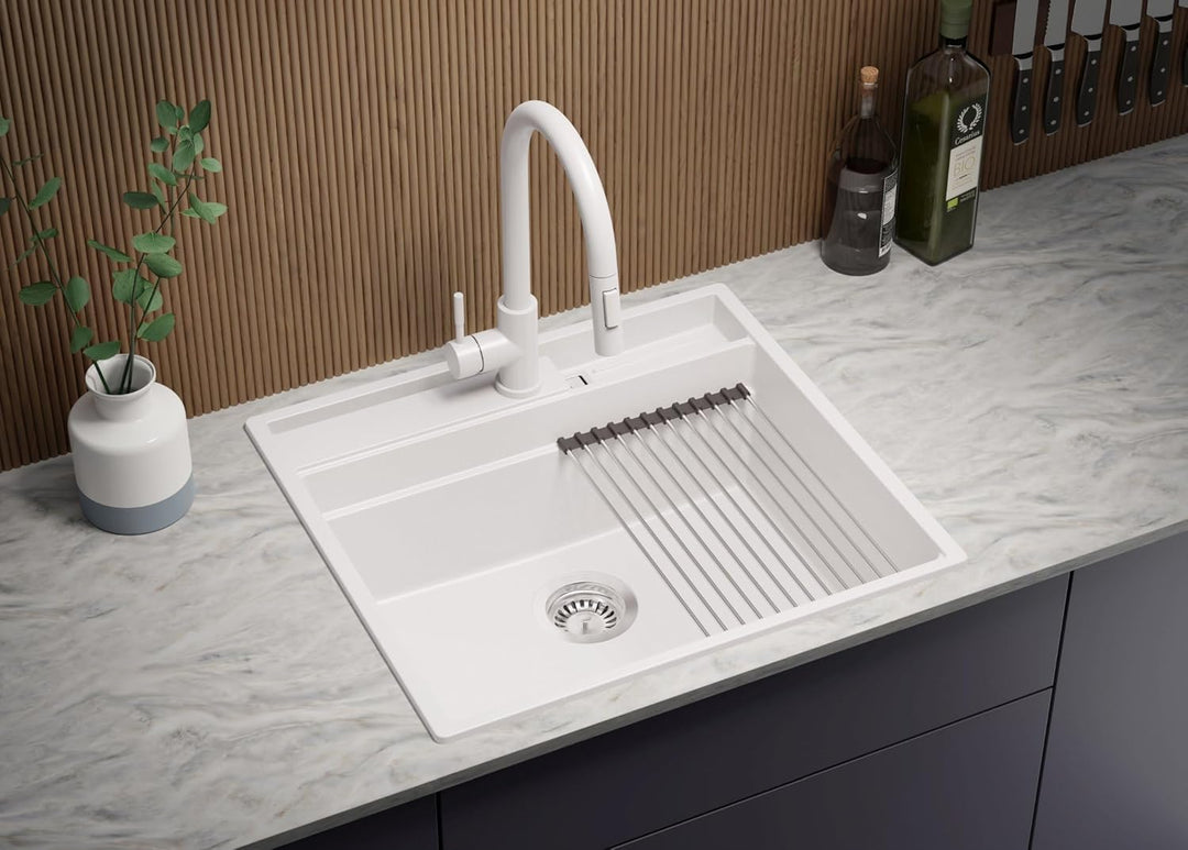 PRIMAGRAN Spülbecken Weiss 58x53cm, Granitspüle 1 Becken + Ablauf-Set, Küchenspüle ab 60er Unterschr