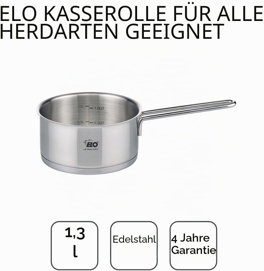 ELO 7243626 Stieltopf mit langem Griff aus Edelstahl, für alle Herdarten, Edelstahl, 16 cm, 1,3 l ,G
