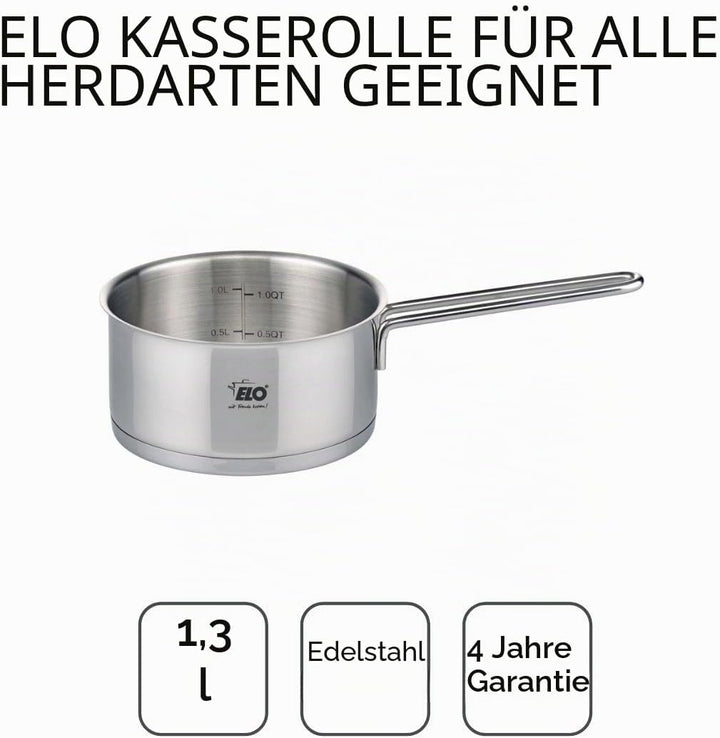 ELO 7243626 Stieltopf mit langem Griff aus Edelstahl, für alle Herdarten, Edelstahl, 16 cm, 1,3 l ,G