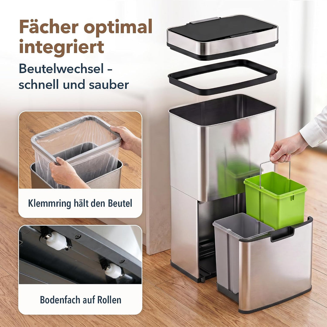 ledscom.de SORTA Sensor Mülleimer 72L, 3-Fächer Mülltrennsystem | Edelstahl, 3 Kammern: 47 L + 2×12,