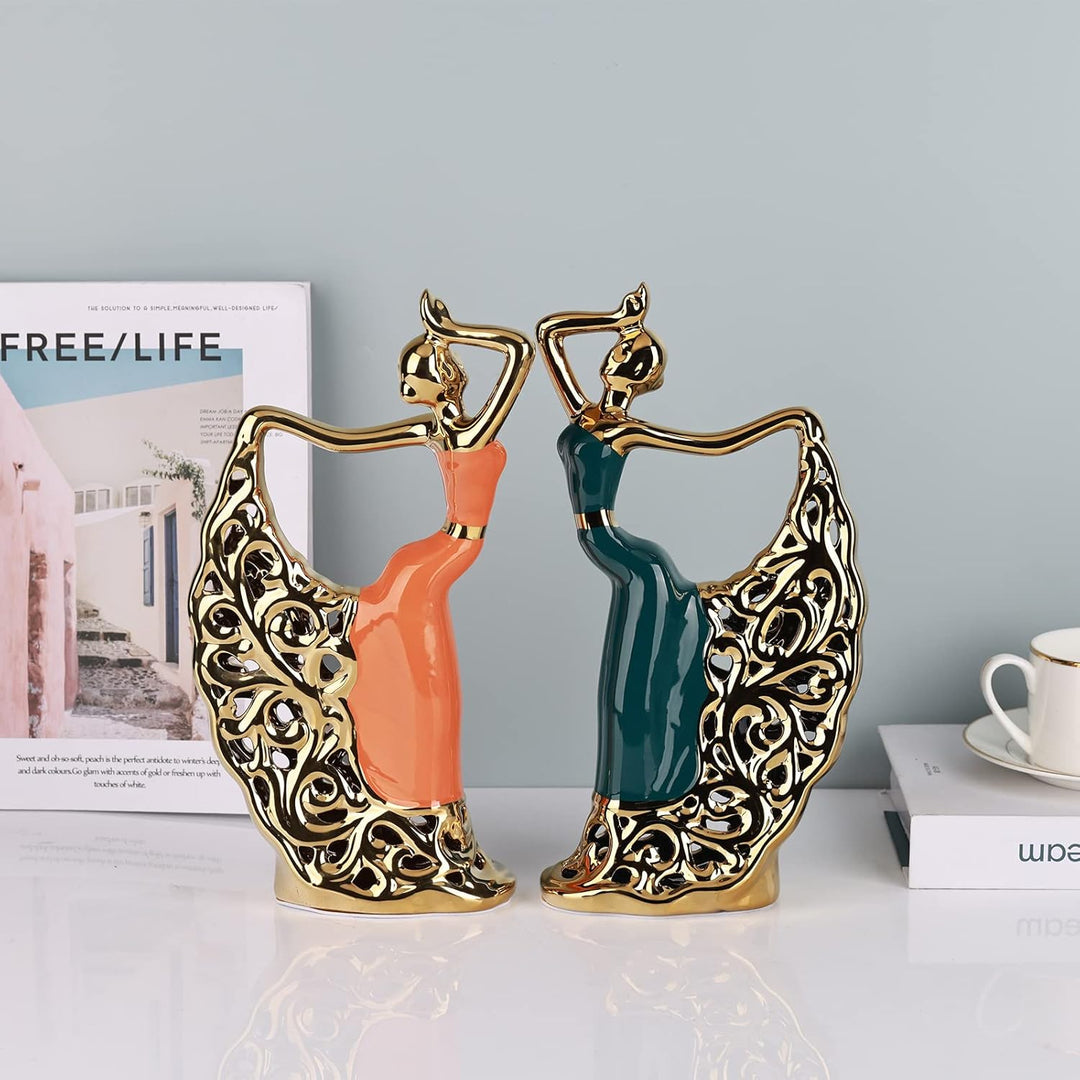DOVDOV Balletttänzerin Statuen und Figuren, abstrakte Keramiktänzerin Dekorationen, Orange und Gold,