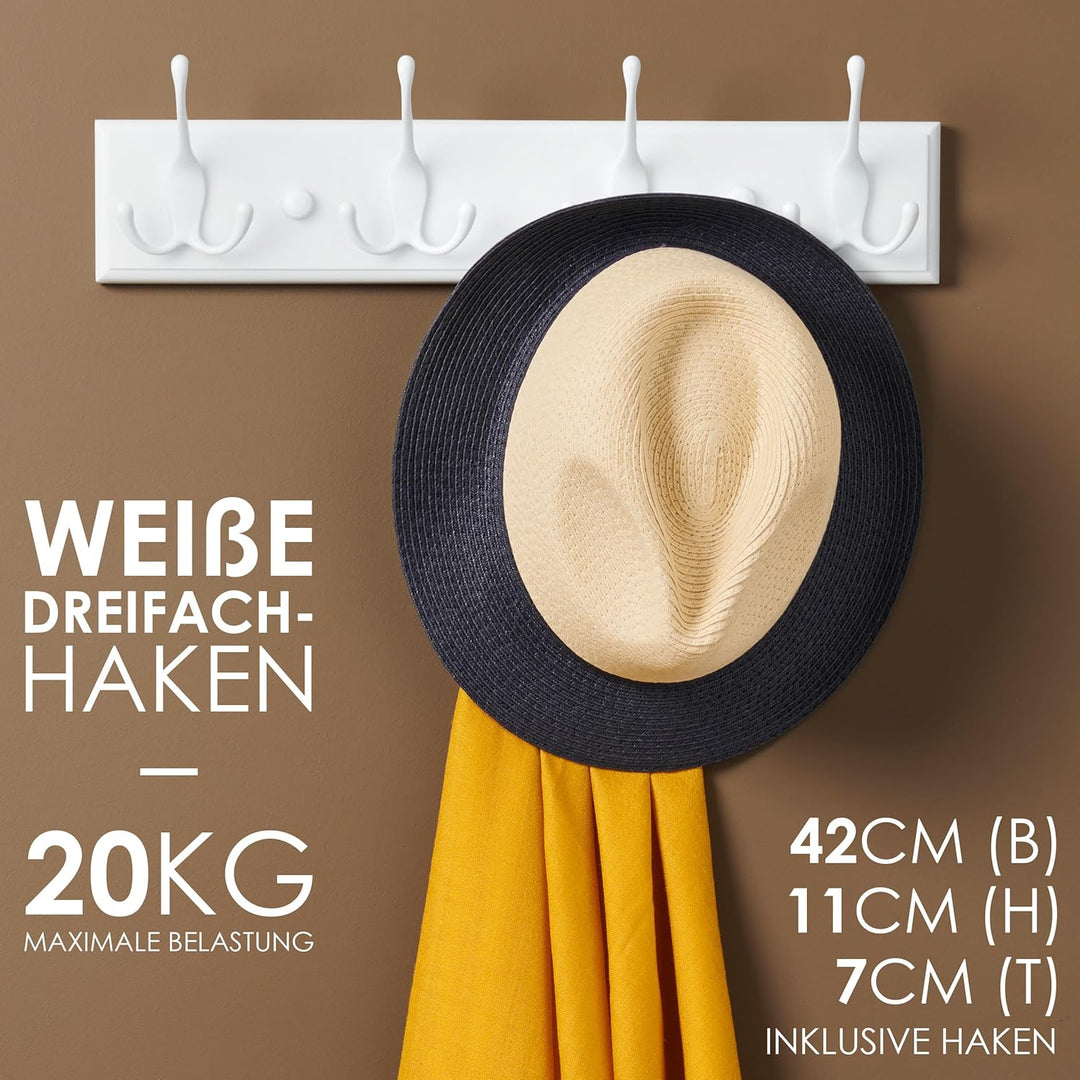 LARHN Garderobenhaken Weiss - Garderobenleiste Weiss mit 4 Haken - 42 cm - Kleiderhaken Wand - Wandg