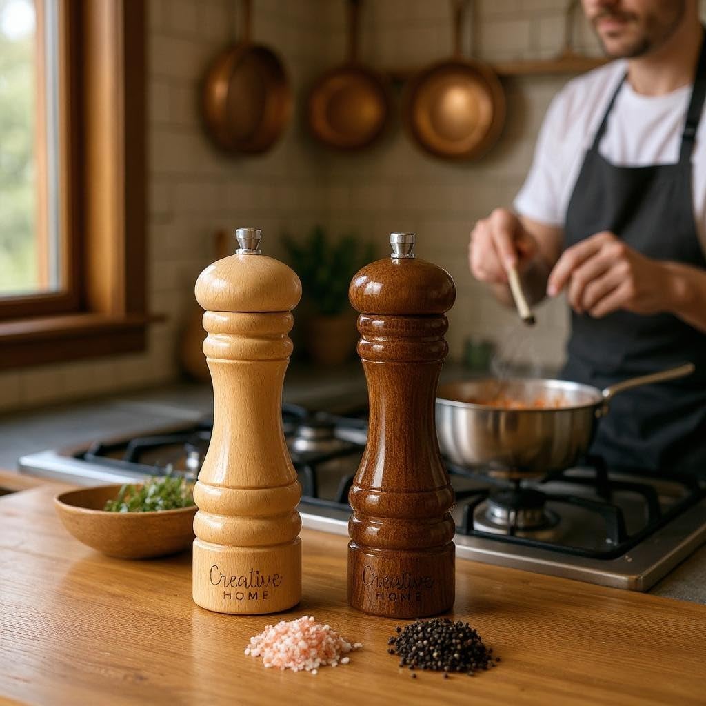 Creative Home Grosse Salz und Pfeffermühle Holz | Set von 2 Mühlen mit Mini-Holzschaufel | 18cm Höhe