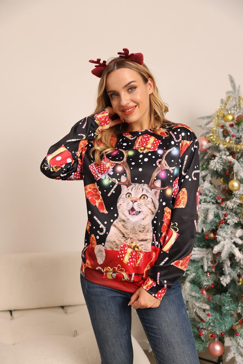 AIDEAONE Unisex Herren Damen Weihnachten Lustiges Sweatshirt Langarm T-Shirt Katzenpizza S, Katzenpi