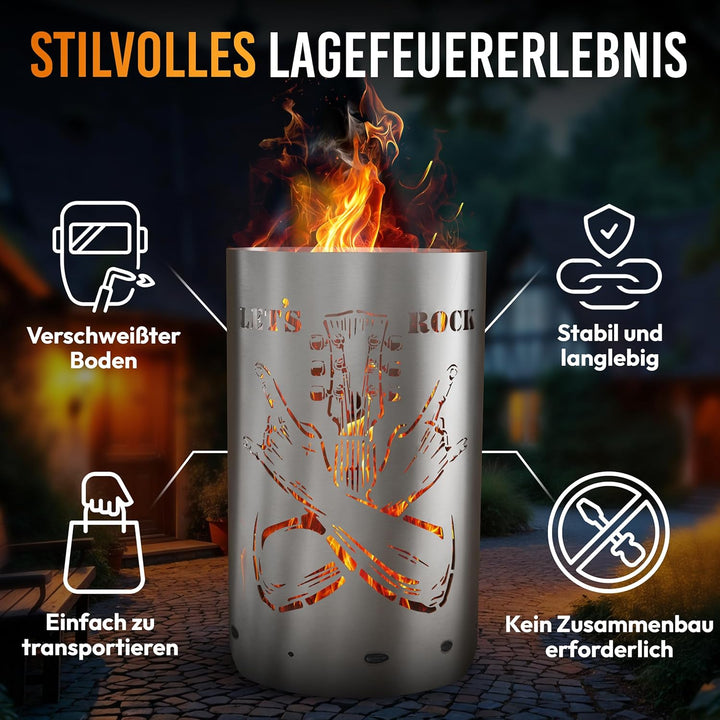 TiKo-Design® Feuertonne - Lagerfeuertonne - Feuerkorb mit Let`s Rock Motiv – Verleihen Sie Ihrem Gar