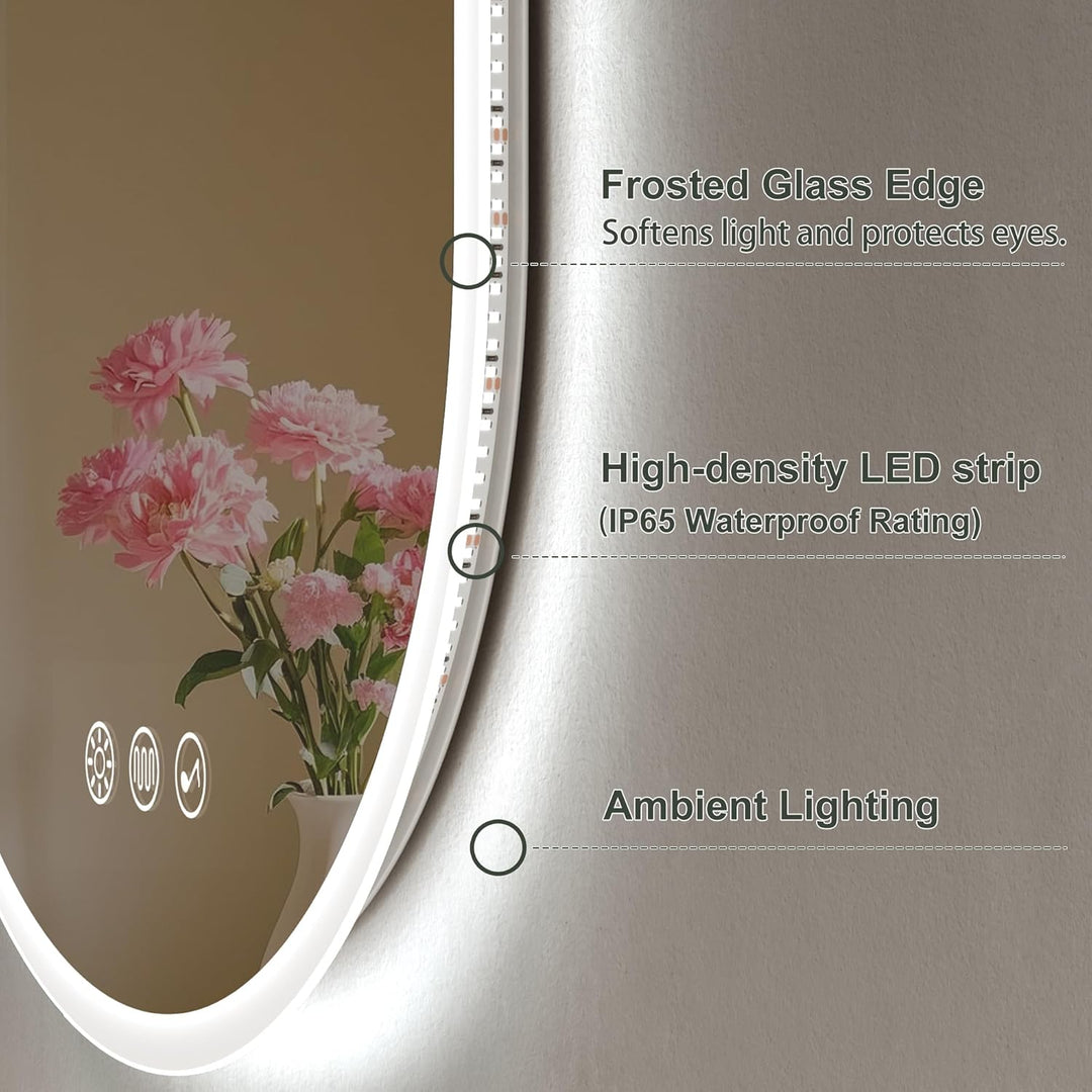 S'bagno Badspiegel-mit-Beleuchtung 60x90cm, Oval-Badezimmerspiegel-mit-Beleuchtung und Bluetooth, En