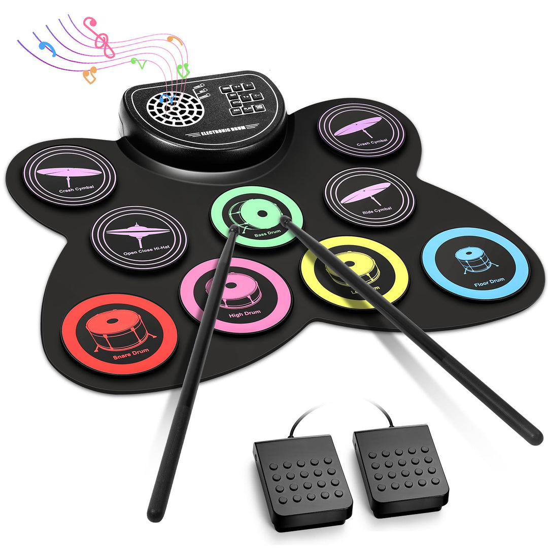 Anpro Schlagzeug Elektronisch Drum Set, 9 Pads, Aufrollbar Elektrisches Schlagzeug-Pad, Eingebauter