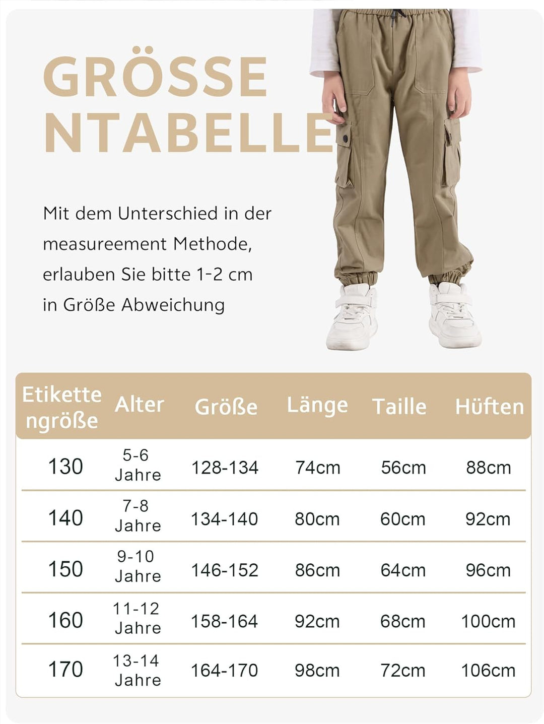 NATUST Kinder Cargo Hose mit elastischem Bund Funktionshose Jungen Jogginghose Outdoor 130 Khaki, 13