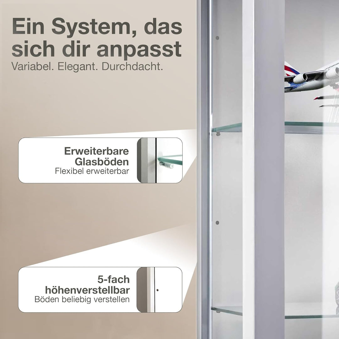 K-Möbel Hängevitrine Glas in Alu/Silber (80x60x25 cm) mit 2 höhenverstellbaren Glasböden - Modellaut
