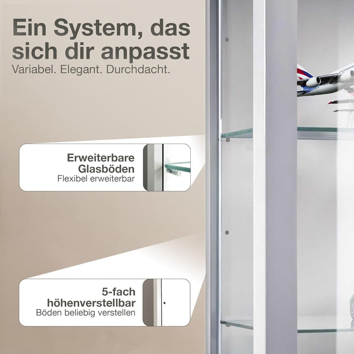K-Möbel Hängevitrine Glas in Alu/Silber (80x60x25 cm) mit 2 höhenverstellbaren Glasböden - Modellaut