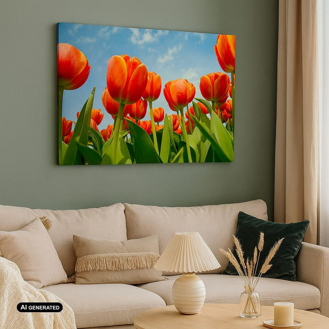 Bilder auf Leinwand Tulpe Blume blauer Himmel Leinwandbild 70x50cm Wandbilder Dekoration Wohnzimmer