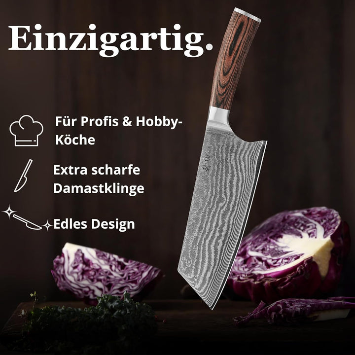 Wakoli EDIB Chinesisches Kochmesser aus echtem Damaststahl (VG10 Kern) mit 19 cm Klinge – Scharf & a