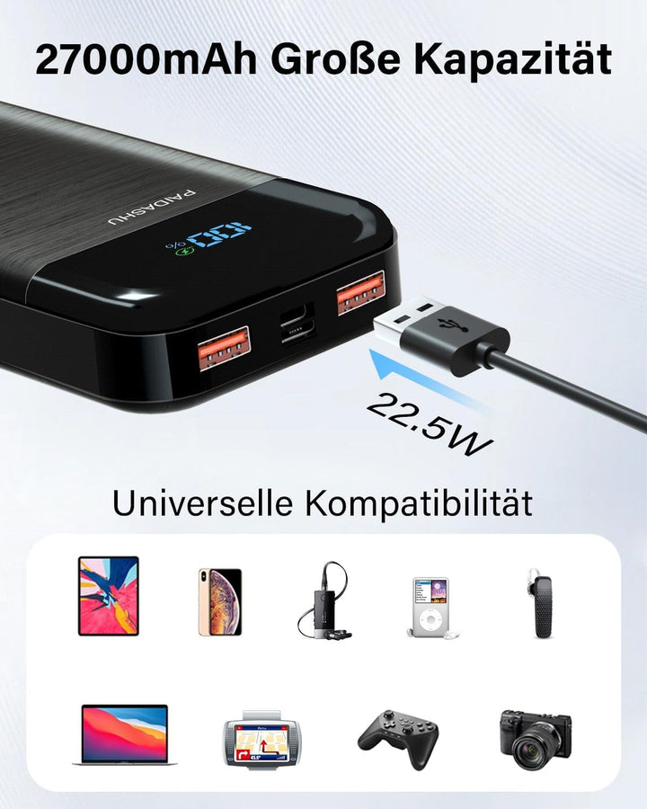 Power Bank 27000mAh 22,5W Externer Handyakku PD20W Schnell Aufladende Powerbank USB C mit LED Displa