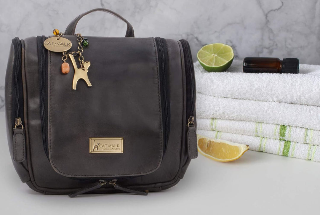Catwalk Collection Handbags - Damen Antik-Leder Kulturtasche Gross - Kulturbeutel zum Aufhängen - Ko