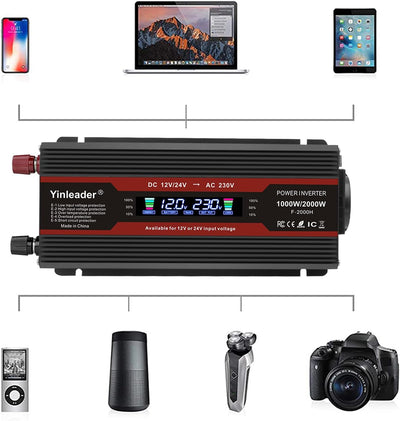 Yinleader Modifizierter Sinus Wechselrichter 12V/24V auf 230V Spannungswandler 1000W / 2000W LCD-Dis