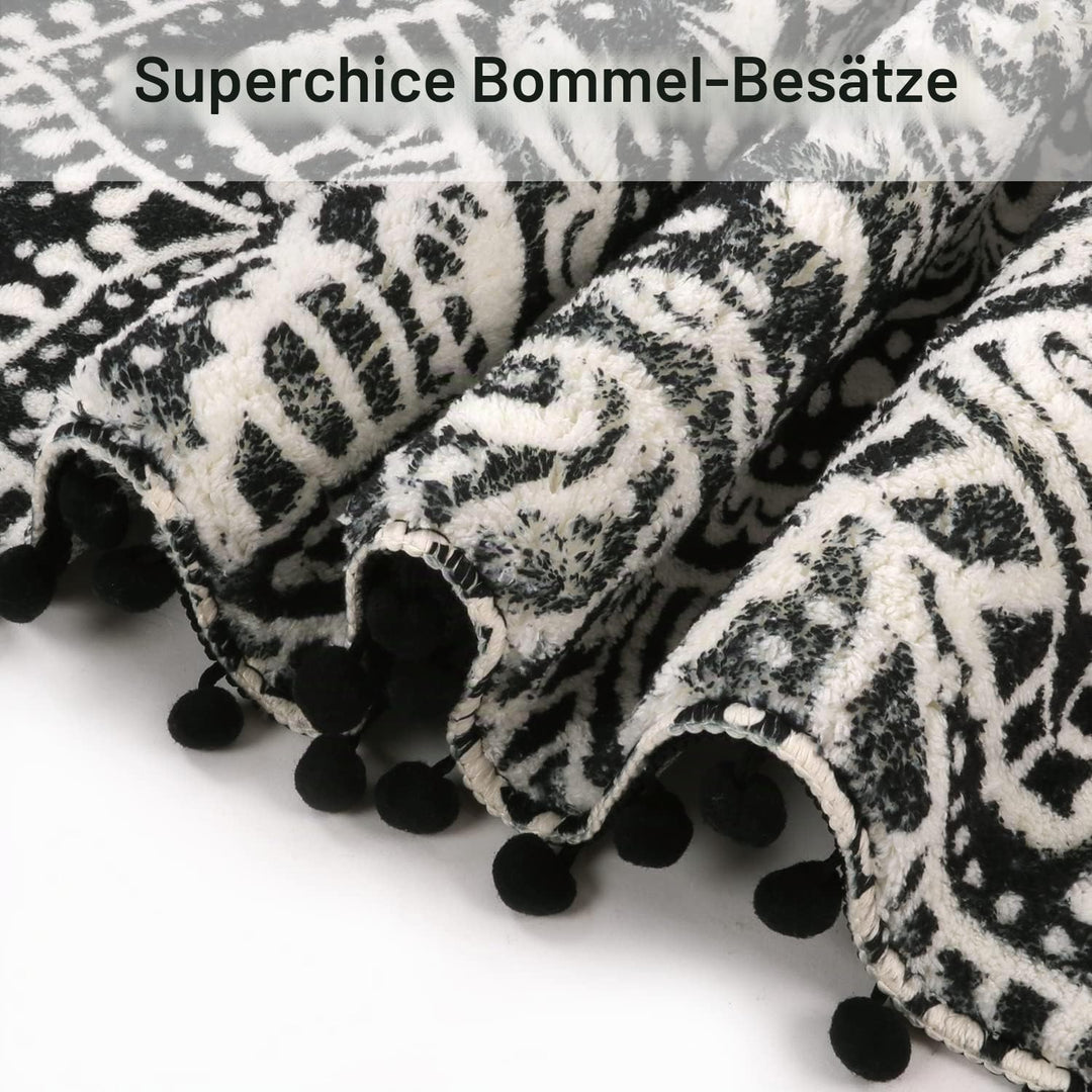 Uphome Kleiner runder Teppich, 5,8 cm, schwarz, Mandala, Boho, Badezimmerteppiche mit Pompons, Frans