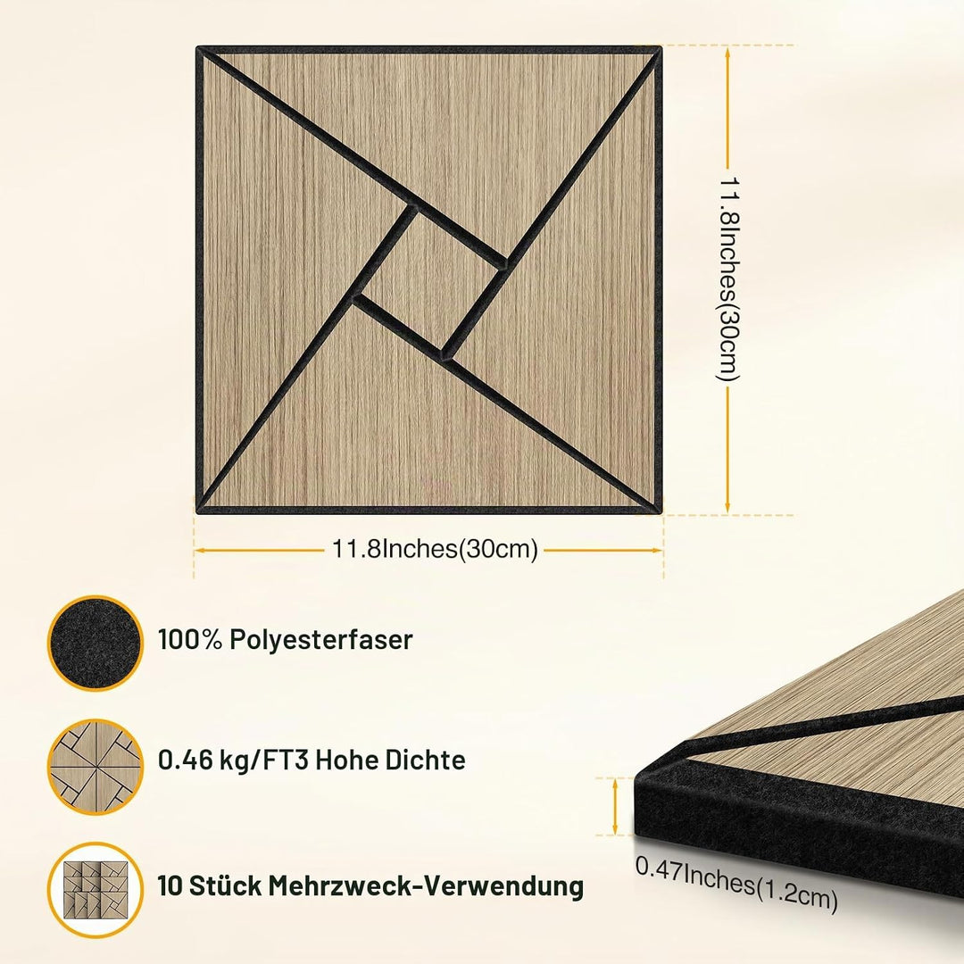 JAMELO Akustikpaneele Holz Furnier 10 Stücke | 30 * 30 * 1.2cm Akustikplatten Selbstklebend 3D Wandp