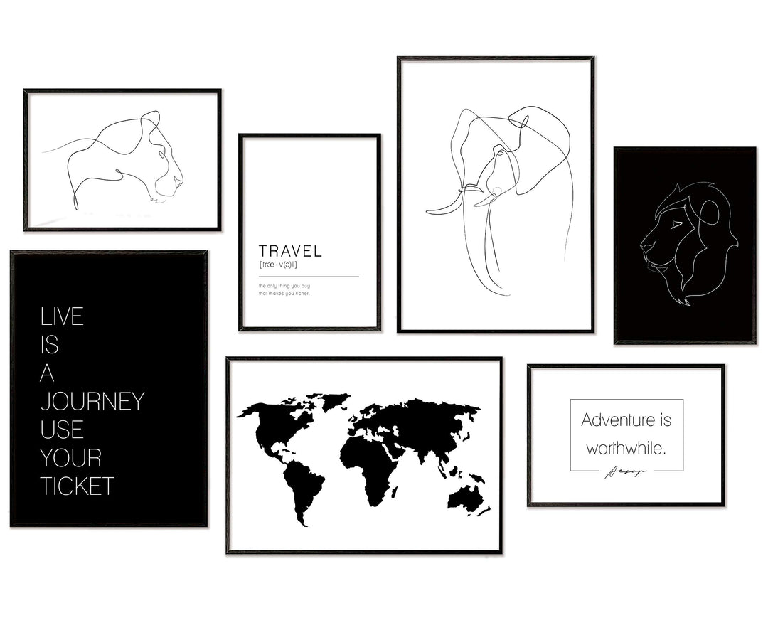 Hyggelig Home Premium Poster Set - 7 harmonische Line Art Bilder - Tiere schwarz weiss Strichzeichnu