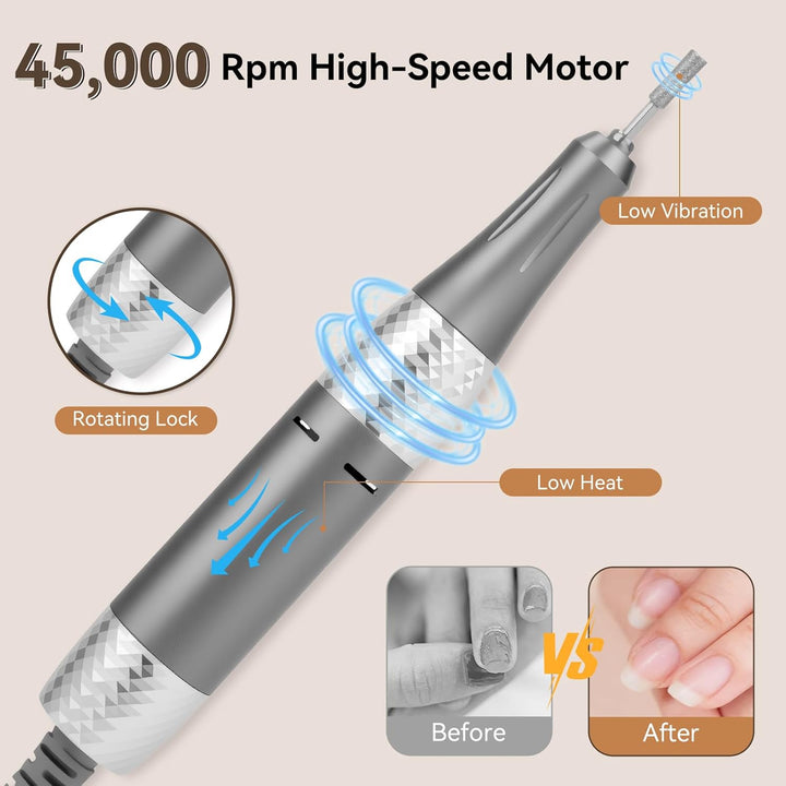 Elektrisch Nagelfräser, 45,000RPM Fräser Nail Drill Nagelfräser Set, Professionelle Nagelfeile mit L