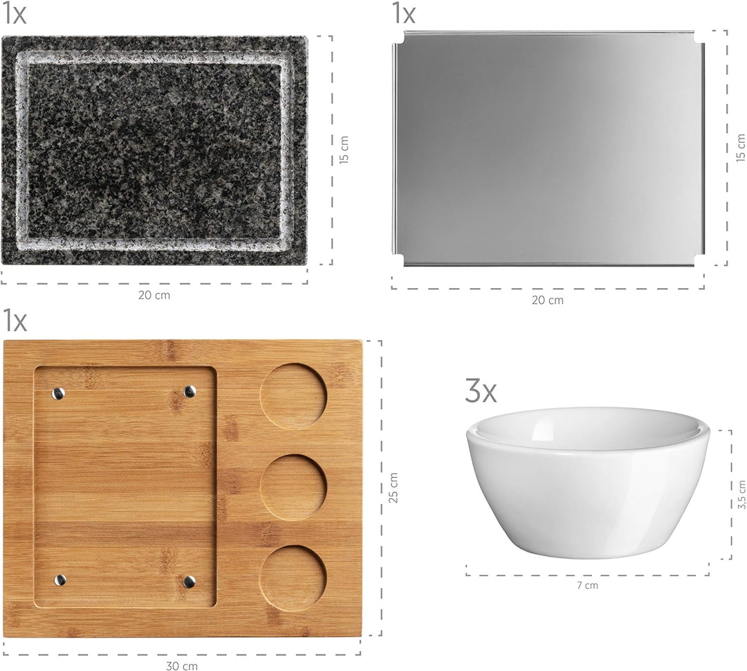 MÄSER 931758 Heisser Stein, Grillstein Set mit Naturgrillstein aus Granit, 3 Dipschalen und Bambus H