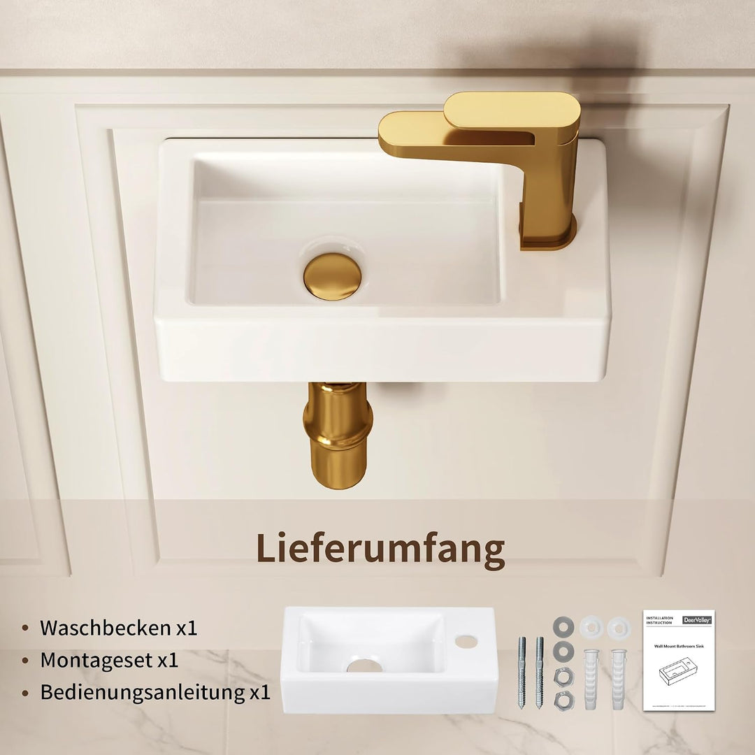 DeerValley DV-1V081R Badezimmerwaschbecken aus Keramik zur Wandmontage, Kleines Badezimmer, Weisses