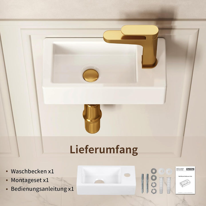 DeerValley DV-1V081R Badezimmerwaschbecken aus Keramik zur Wandmontage, Kleines Badezimmer, Weisses