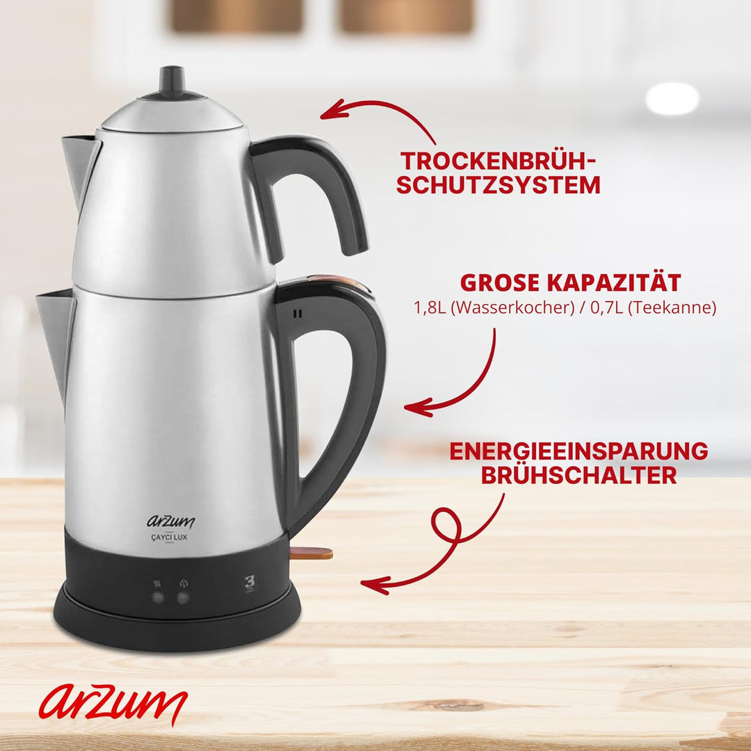 ARZUM Cayci Lux Inox Teemaschine, türkische Teekanne, Rostfreier Stahl, 0,7 lt Topfinhalt, 1,8 lt Ka