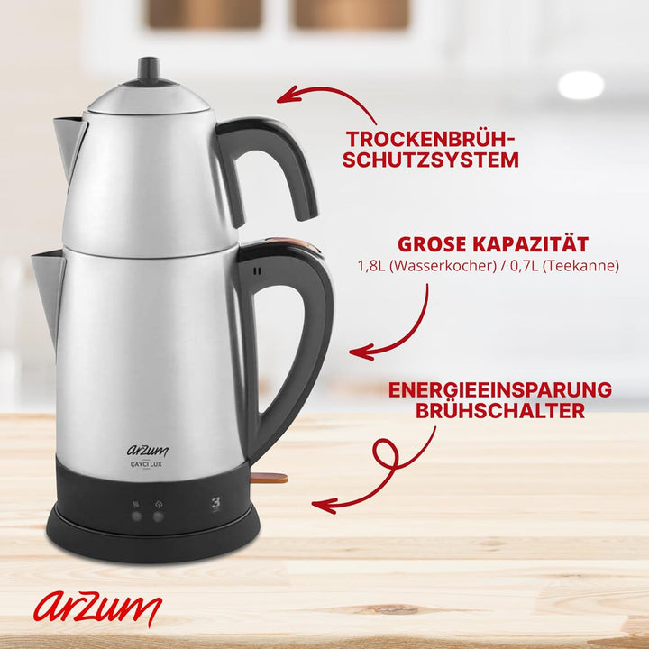 ARZUM Cayci Lux Inox Teemaschine, türkische Teekanne, Rostfreier Stahl, 0,7 lt Topfinhalt, 1,8 lt Ka