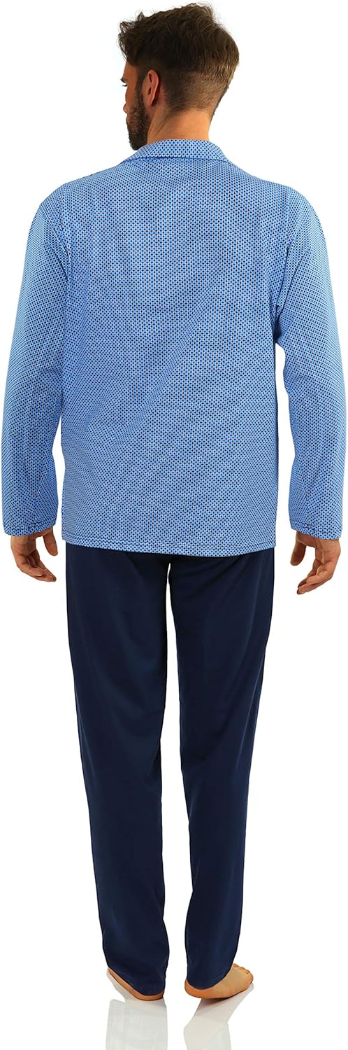 sesto senso Herren Pyjama mit Knopfleiste Lang Baumwolle Schlafanzug Knöpfen L T-shirt - Muster Blau