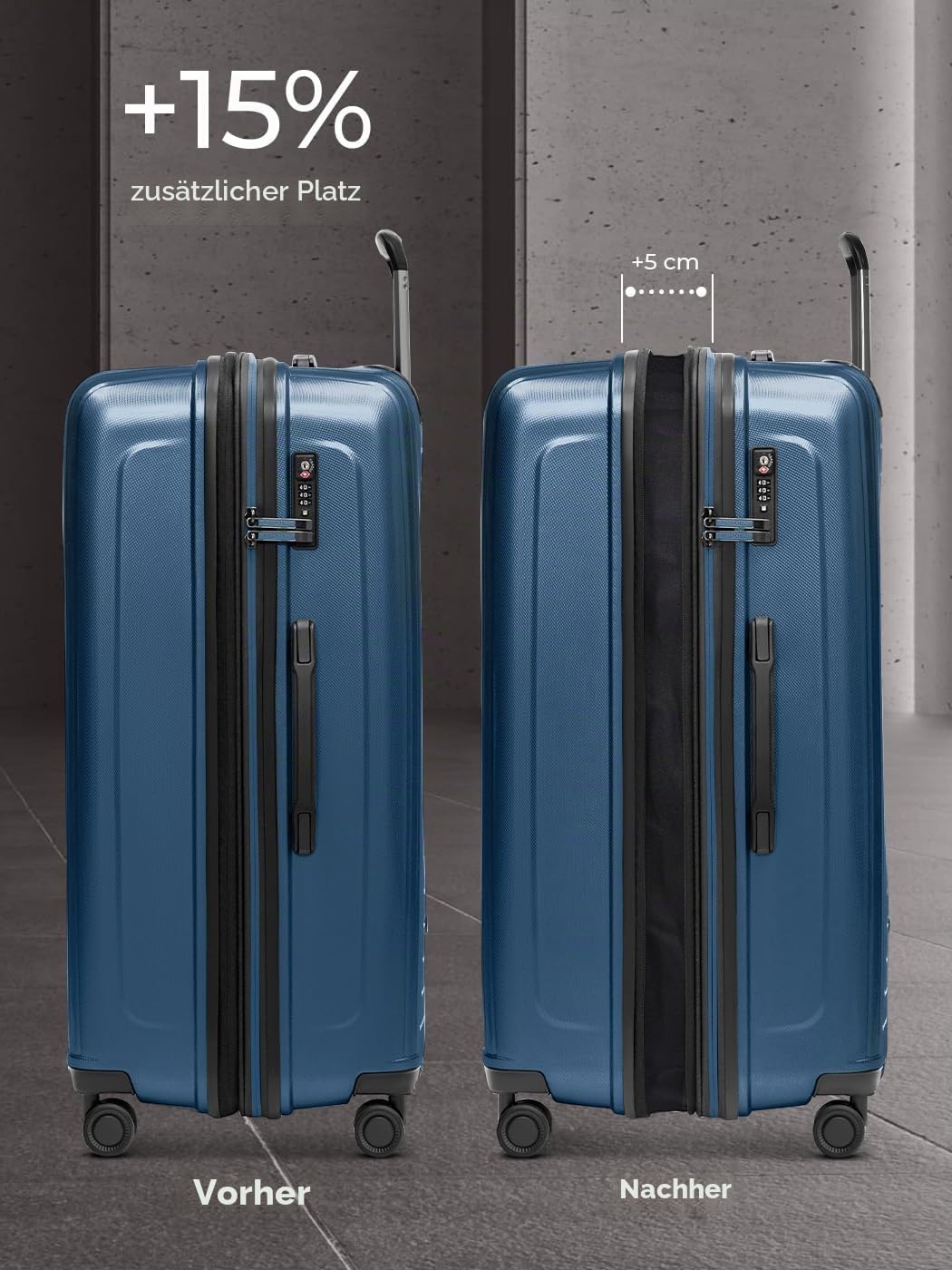 REDOLZ Hartschalen Koffer-Set-3-teilig | S 55 cm Laptopfach + M 66 cm + L 77 cm | Dehnfalte erweiter