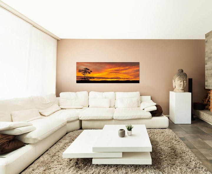 Panoramabild auf Leinwand und Keilrahmen 120x40cm Australien Wiese Baum Sonnenuntergang