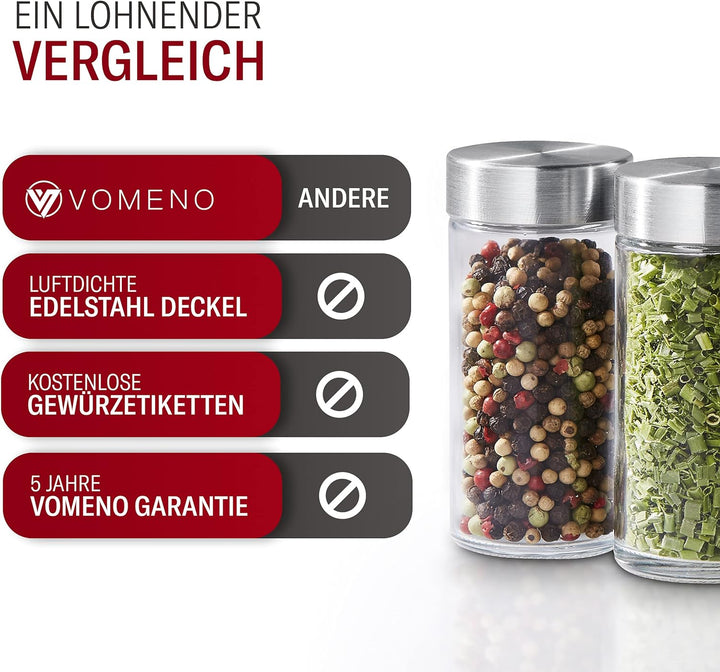Vomeno® 12er Set Gewürzgläser mit Edelstahl Aroma-Deckel – Hochwertige Gewürzdosen für Gewürze & Krä