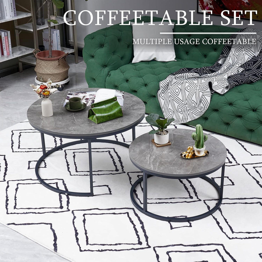 Soayone Couchtisch Rund 2er Set, Dunkelgrau Marmor Couchtisch mit Schwarz Metallgestell, Beistelltis