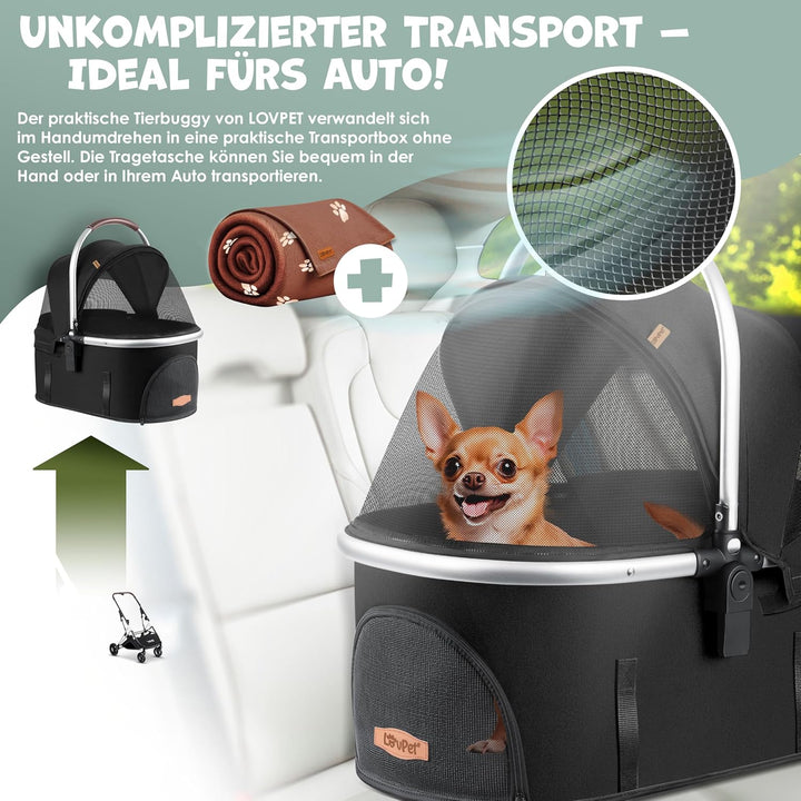 LOVPET® Hundewagen 3in1 Hundebuggy Hundebox Transporttasche 360° Grosse Räder Faltbar klappbar Haust