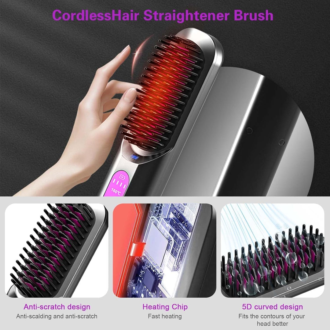 2-in-1 Glättbürste Kabellos, Haarbürste Elektrisch Damen, Stylingbürste für Kurze Langes Haare, Trag